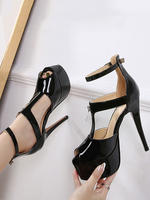 Sandali con tacco da donna Tacco a spillo Tacco a spillo in pelle PU con cinturino alla caviglia sexy nero