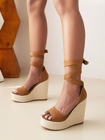 Sandali con zeppa da donna Sandali con punta tonda in micro pelle scamosciata con lacci