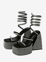 Sandali da festa con tacco alto Sandali con tacco grosso e cinturino con plateau con strass