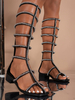 Sandali Gladiatore Da Donna Con Perline"idiano Casual Sandali In Pelle PU Slip-On Punta Quadrata Tacco Cucciolo Nero