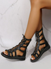 Sandali gladiatore da donna Sandali piatti in pelle PU nera con punta aperta neri