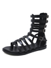 Sandali gladiatore neri piatti con punta tonda in metallo da donna in pelle sintetica
