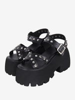 Sandali Gothic Lolita Dettagli in metallo Punta aperta Scarpe estive Lolita nere in pelle PU metallizzata