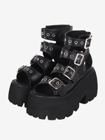 Sandali Gothic Lolita Occhielli Punta aperta in pelle PU metallizzata Scarpe estive Lolita nere