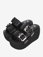 Sandali Gothic Lolita Punta tonda Pelle PU Scarpe estive Lolita nere