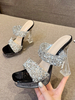 Sandali sexy con tacco alto Punta aperta in pelle PU nera 12 "strass 51" Scarpe sexy