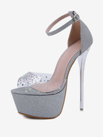 Sandali sexy con tacco alto Sandali sexy regolabili con punta aperta in tessuto con paillettes argento