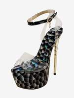 Sandali sexy da donna con plateau punta aperta nera 24 "dettagli in metallo 55" scarpe sexy