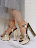 Sandali sexy per donna Sandali con tacco grosso in pelle PU color oro chiaro