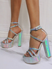 Sandali sexy per donna Vernice argento PU Tomaia Open Toe Tacco grosso Sky High Lace Up Heels
