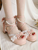 Sandali Sweet Lolita Fiocchi Punta tonda Tacco grosso in pelle PU Tacchi estivi con cinturino alla caviglia rosa Lolita