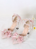 Sandali Sweet Lolita Fiocchi Ruffles Strass Punta a punta Fiocco Tessuto elastico Scarpe estive Lolita rosa