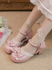Sandali Sweet Lolita Ruffles Perle Fiocchi Punta tonda Pelle PU Scarpe estive Lolita rosa