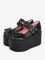 Sandali Sweet Lolita Scarpe estive Lolita con fiocco nero e punta tonda in pelle PU
