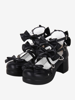 Sandali Sweet Lolita Scarpe estive Lolita con fiocco nero e punta tonda in pelle PU