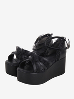 Sandali Sweet Lolita Scarpe estive Lolita nere in pizzo con punta aperta in pizzo e pelle PU