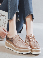 Scarpe casual allacciate in pelle con punta arrotondata da donna Flatform Oxfords dorate