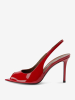 Scarpe col tacco alto rosse con punta aperta e cinturino posteriore da donna con tacco a spillo