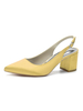 Scarpe col tacco da donna con tacco a punta a punta in raso con tacco basso giallo con cinturino alla caviglia
