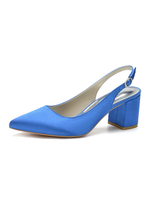 Scarpe col tacco da donna con tacco a spillo e punta a punta in raso con tacco blu con cinturino sul retro