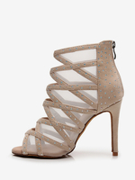 Scarpe da ballo latino in pelle PU con punta aperta color albicocca chiaro e strass
