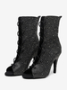 Scarpe da ballo latino in pelle PU nere con punta aperta e strass