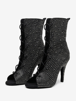 Scarpe da ballo latino in pelle PU nere con punta aperta e strass