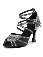Scarpe da ballo latino Peep Toe Tacco a calice Strass Ballroom Nero Scarpe da ballo