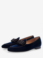 Scarpe da festa da uomo Mocassini slip on in velluto con punta tonda e fiocco Scarpe da ballo blu intenso