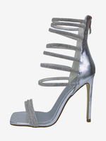Scarpe da festa in argento con tacco alto punta aperta strass sandali con cinturino e stiletto
