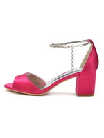 Scarpe da sposa Catene di raso rosa Punta aperta Scarpe da sposa con cinturino alla caviglia con tacco grosso