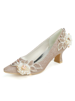 Scarpe da sposa Champagne con paillettes Fiori di stoffa Punta quadrata Scarpe da sposa con tacco a spillo