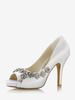 Scarpe da sposa da donna in raso bianco con punta aperta e strass scarpe da sposa con tacco grosso