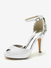 Scarpe da sposa da donna in raso blu scuro con punta aperta e strass con tacco grosso