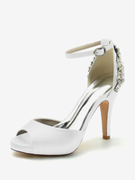 Scarpe da sposa da donna in raso blu scuro con punta aperta e strass con tacco grosso