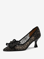Scarpe da sposa da donna Pizzo nero Punta a punta Fiocchi Tacco a rocchetto Scarpe da sposa