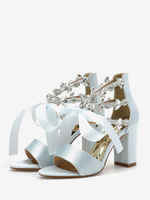 Scarpe da sposa da donna Scarpe da sposa con tacco grosso in raso azzurro cielo con strass