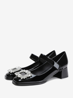 Scarpe da sposa da donna Scarpe nere con punta quadrata e strass Tacco grosso Mary Jane