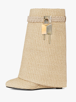 Stivali al polpaccio da donna con punta a punta Dettagli in metallo Stivali con tacco a zeppa