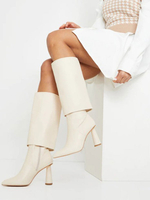 Stivali al polpaccio da donna Stivali a metà polpaccio con tacco grosso in pelle PU bianca ecru