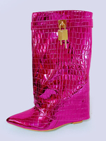 Stivali alla caviglia da donna Tacco a punta con zeppa Tacco a metà polpaccio Dettagli mentali Stivaletti con stelo luminoso