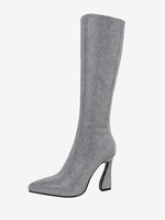 Stivali alti al ginocchio argento Stivali da festa con tacco a rocchetto da donna con strass