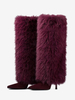 Stivali alti al ginocchio color bordeaux da donna con punta a punta in pelliccia sintetica con tacco alto