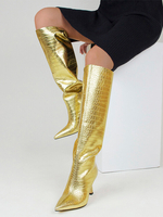 Stivali alti al ginocchio con motivo pietra dorata Stivali con tacco alto a punta metallizzata