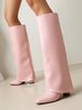 Stivali alti al ginocchio con pieghe rosa Stivali da donna con punta a punta e tacco spesso