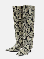 Stivali alti al ginocchio con tacco gattino Stivali larghi con stampa serpente per donna