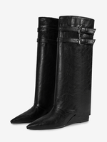 Stivali alti al ginocchio con zeppa nera da donna stivali pieghevoli con punta affilata e fibbia