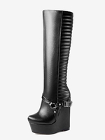 Stivali alti al ginocchio da donna in PU nero chic con fibbia e tacco a zeppa