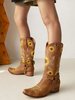 Stivali Alti Al Ginocchio Da Donna Punta Quadrata Girasoli Ricamati Stivali Western Con Tacco Grosso