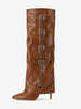 Stivali alti al ginocchio marroni Stivali a punta con fibbia ripiegabile da donna Stivali larghi al polpaccio con tacco a spillo